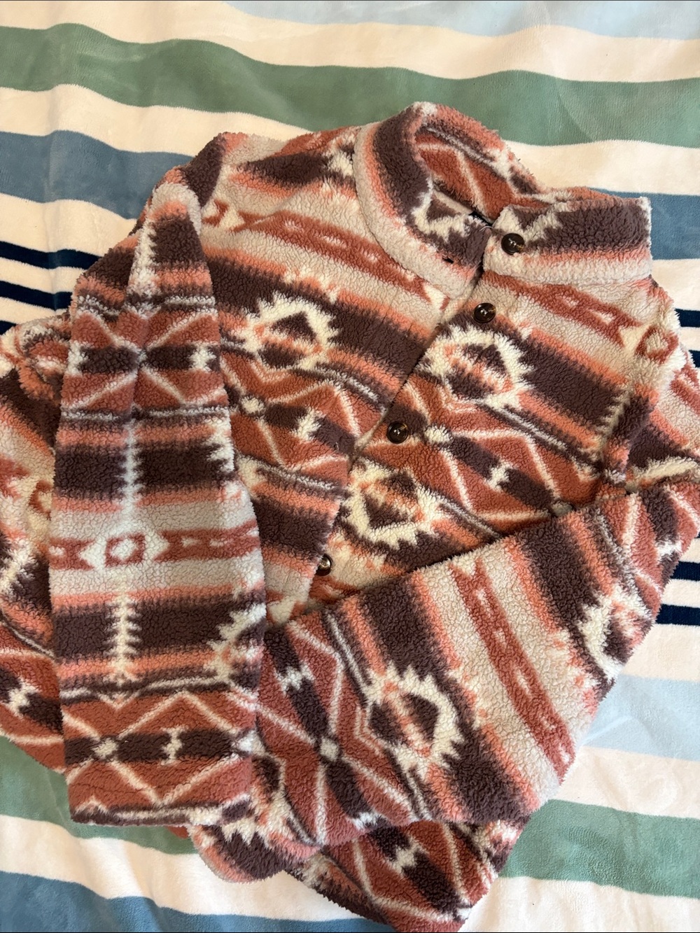 Cozy Aztec Print Sherpa Button-Up Jacket — Rust, Brown, Cream